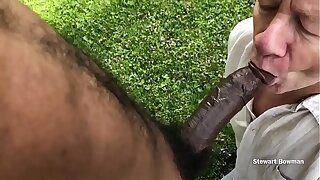 Stewart Sucks off a Beautiful and HUGE Big Black Cock outdoors in his private back yard